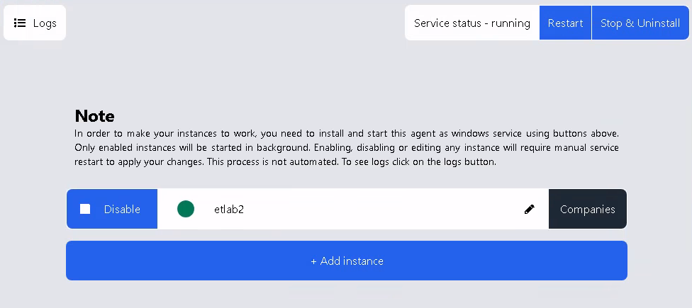 Main dashboard with service controls and company list